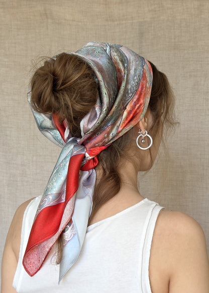 Silk scarf worn in a banana head scarf style