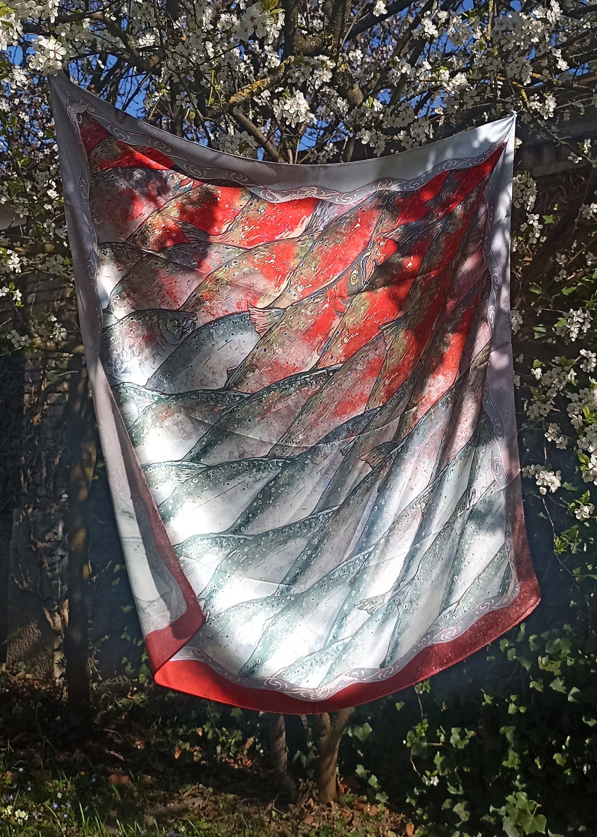 Satin silk scarf with salmons