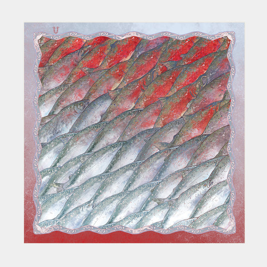 pattern scarf with salmons in red and grey